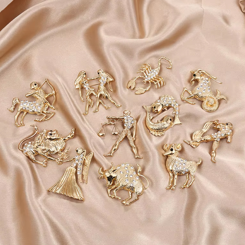 OEM Custom Damenschmuck Mode 12 Sternzeichen Kristall Tierverzierung Broschen Zirkon Verlobungsfeier Hochzeitsgeschenke hergestellt