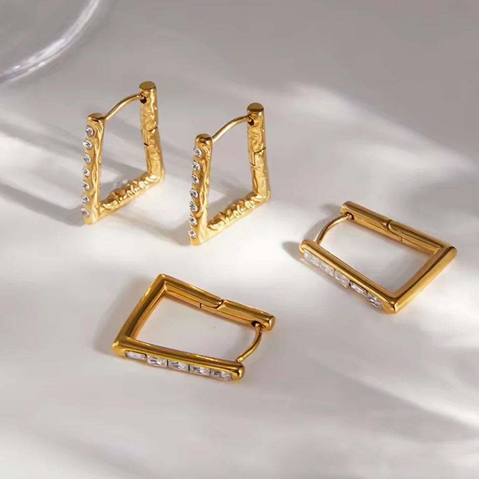 Benutzerdefinierte OEM-Schmuck-Rechteck-Creolen aus Edelstahl mit vergoldeten geometrischen Zirkon-P