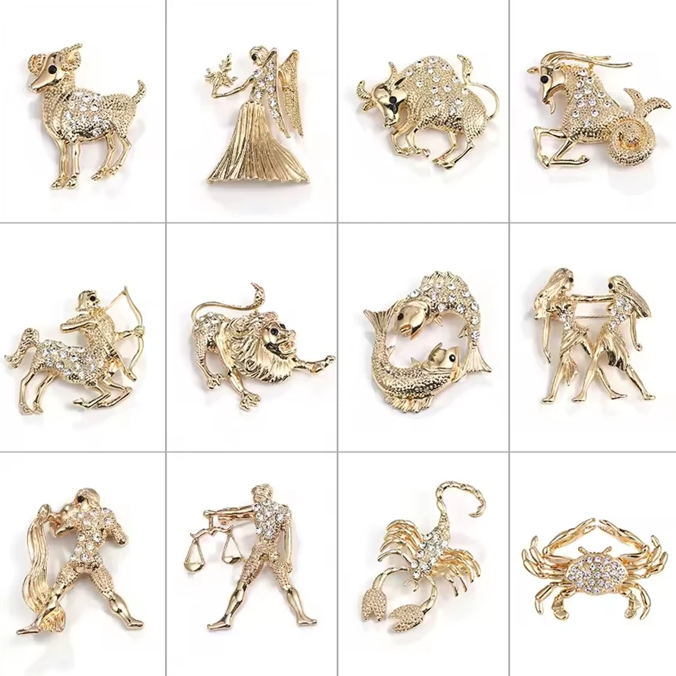 OEM kundenspezifischer Damenschmuck, modische 12 Sternzeichen-Kristalle Broschen mit Tiermotiven, Zi