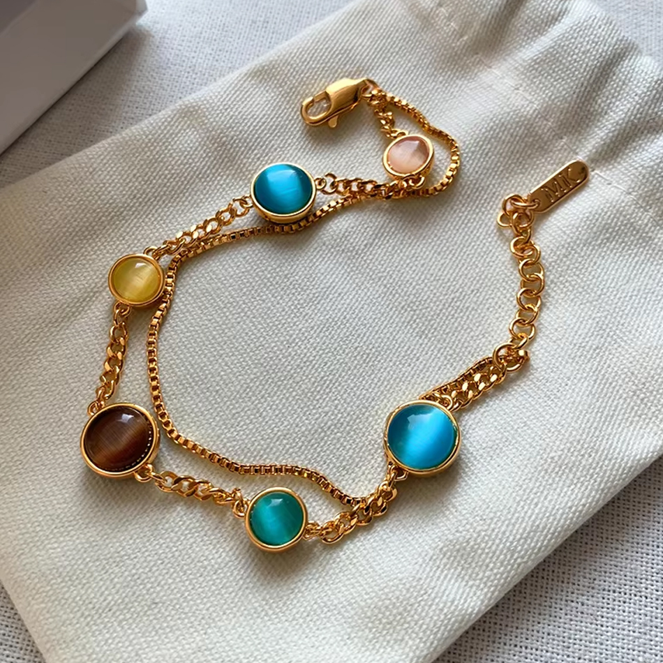 OEM Custom Jewelry Messing galvanisiert 18 Karat Goldfarbe Katzenaugenstein Doppelkettenarmbänder Damenschmuck Fabrik Großhandel