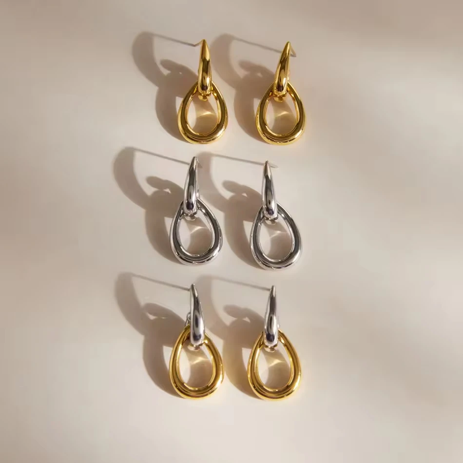 OEM-kundenspezifischer Schmuck, tropfenf&ouml;rmige Edelstahl-Ohrringe, 18 Karat vergoldet, offene geomet