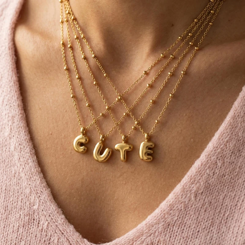 OEM-kundenspezifischer Schmuck mit Gold-PVD-beschichtetem Edelstahl-Puffy-Bubble-Anfangsbuchstabe-Ha