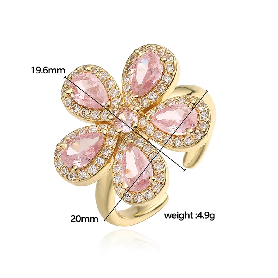 OEM Custom Jewelry Hochwertiger, bunter Zirkon-Messing-CZ-Blumenring, 18 Karat vergoldet, verstellbare Ringe für Damenschmuck