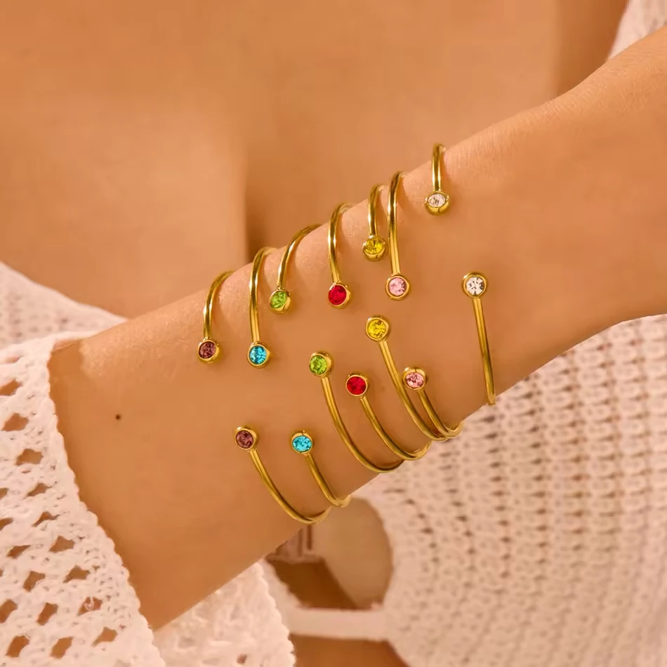 OEM-Armband mit buntem Zirkon und offener Manschette aus 316-Edelstahl, minimalistischer Schmuck