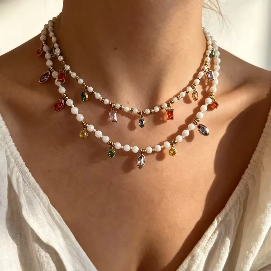 OEM-kundenspezifischer Schmuck, modische, farbige Dopamin-Perlen-Zirkon-Halskette, Edelstahl, hochwe