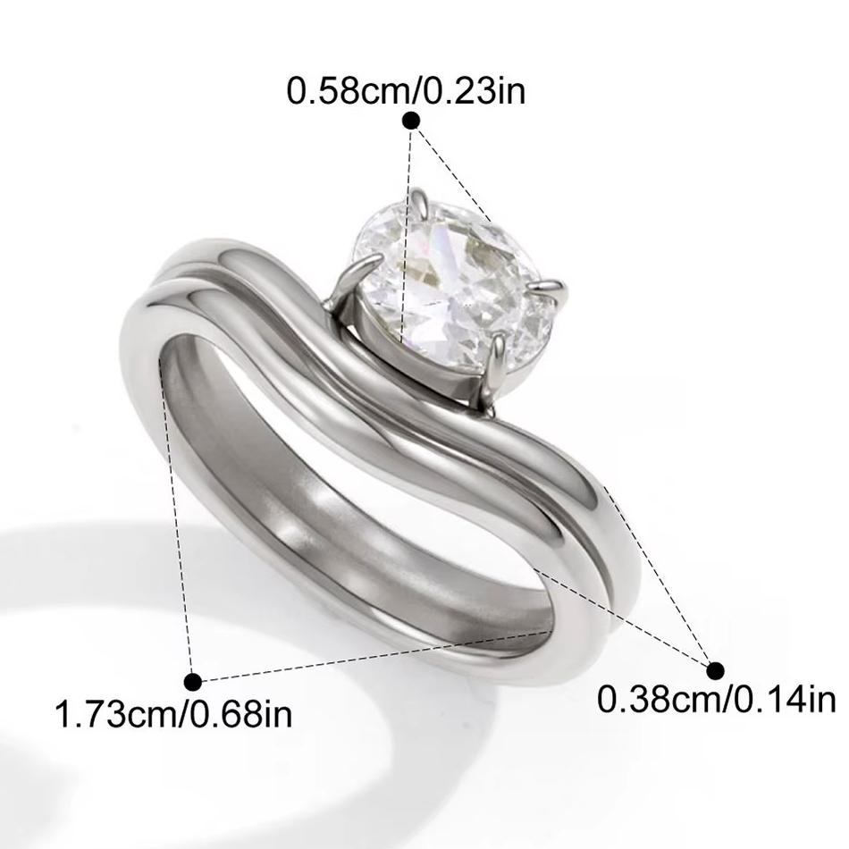 OEM Custom Jewelry Edelstahl-Doppelschicht-Wellenring für Frauen, eleganter ovaler weißer Zirkonia, klassischer Hochzeits-Party-Schmuck