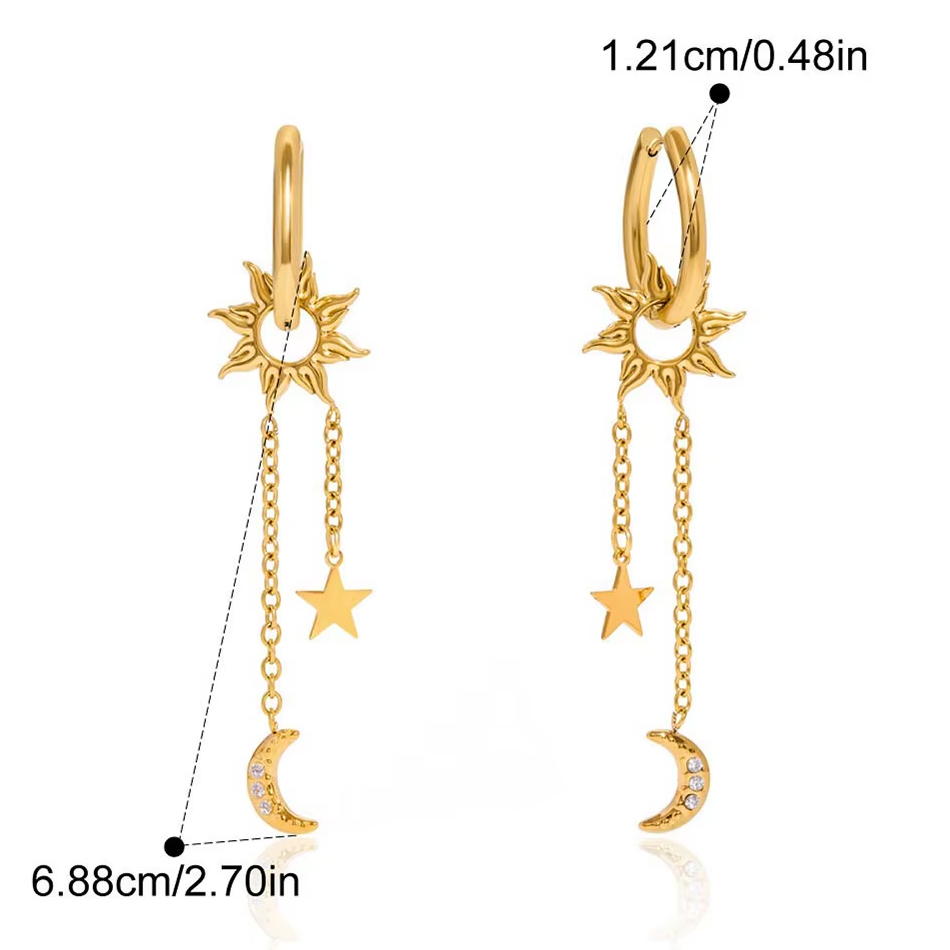 OEM Custom Jewelry 18K Gold Edelstahl Mode Ohrringe Strass Sonne Stern Mond Quaste Ohrringe Großhandel Schmuck Lieferant