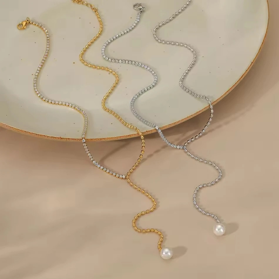 OEM Custom Jewelry Edelstahl-Y-Kettenhalskette mit Zirkon-Perlenanh&auml;nger im Lariat-Stil, eleganter N