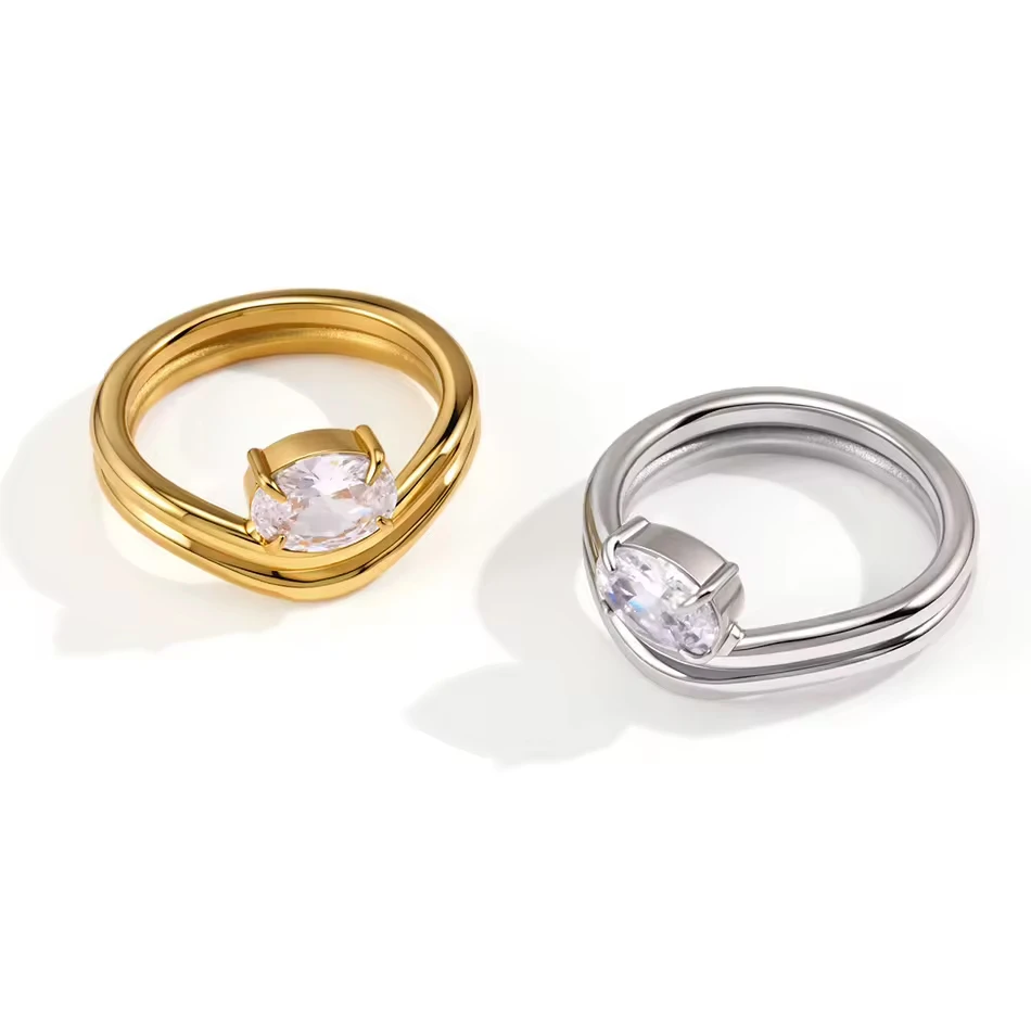 OEM Custom Jewelry Edelstahl-Doppelschicht-Wellenring f&uuml;r Frauen, eleganter ovaler wei&szlig;er Zirkonia-V